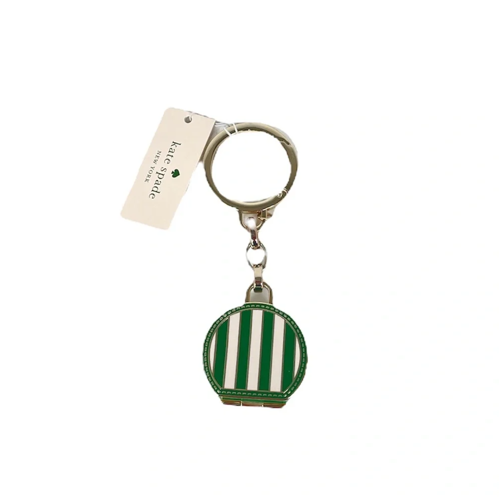 Kate Spade Traveler Stripes Key Chain Key Fob Green Gold - Picture 2 of 5